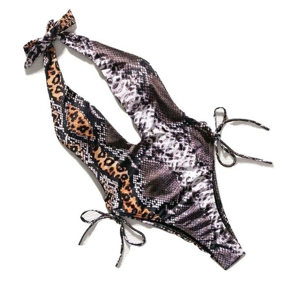 V-Neck One Piece Leopard Swimsuit Monokini - Picture 6 of 7